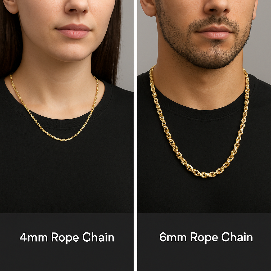 Visual Difference: 4mm vs 6mm Rope Chain for Women & Men