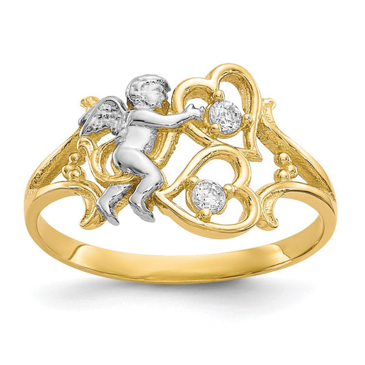 Exclusive 10K Gold & Rhodium-Plated CZ Angel Ring - Stylish Heart Accents