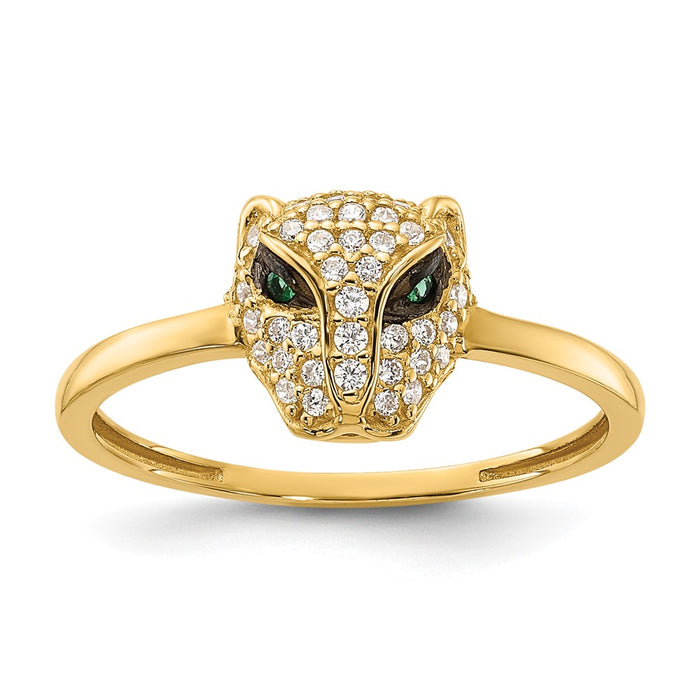 Exclusive 10K Polished Lioness Head Ring with Clear & Green CZ - Stylish Value-1