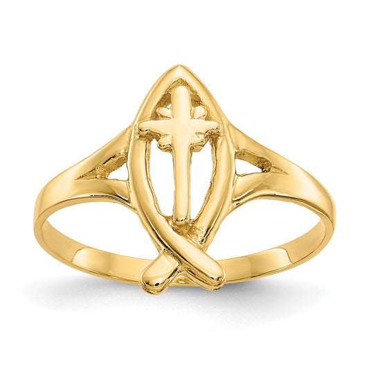 Shop Stylish 10K Gold Ichthus Fish Ring with Cross Design - Luxury Accessory