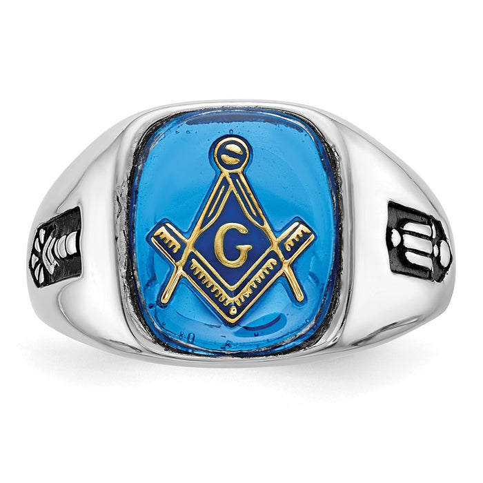 Shop Stylish 10K White Gold Men's Polished Masonic Ring with Blue Spinel Accent-4