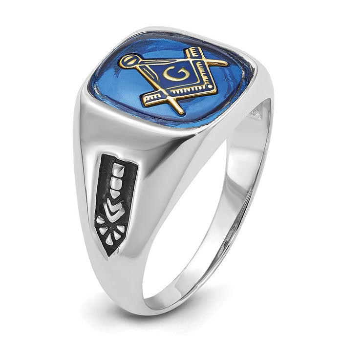 Shop Stylish 10K White Gold Men's Polished Masonic Ring with Blue Spinel Accent-6