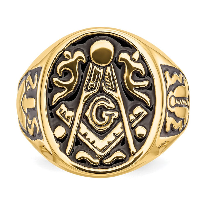 High-Quality 10K Men's Polished Masonic Ring with Black Enamel Accents-4