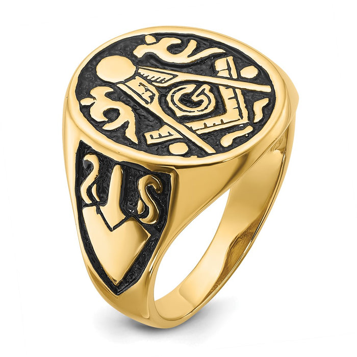 High-Quality 10K Men's Polished Masonic Ring with Black Enamel Accents-6