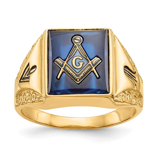 Exclusive 10K Men's Masonic Ring - Polished & Antiqued with Imitation Blue Spinel