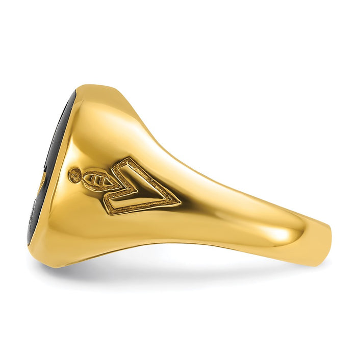 Shop Exclusive 14K Gold Men's Masonic Ring - Polished Grooved, Onyx Emblem, Stylish Design-3