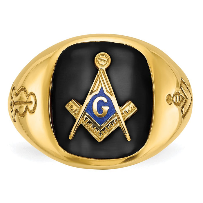 Shop Exclusive 14K Gold Men's Masonic Ring - Polished Grooved, Onyx Emblem, Stylish Design-4