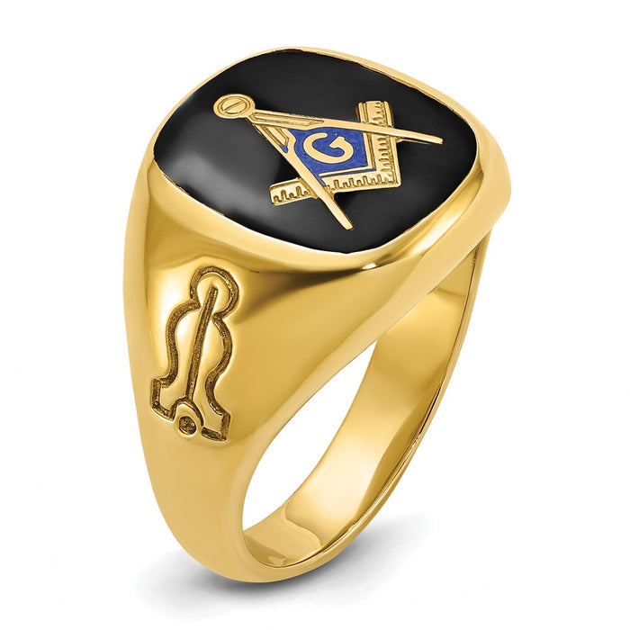 Shop Exclusive 14K Gold Men's Masonic Ring - Polished Grooved, Onyx Emblem, Stylish Design-6