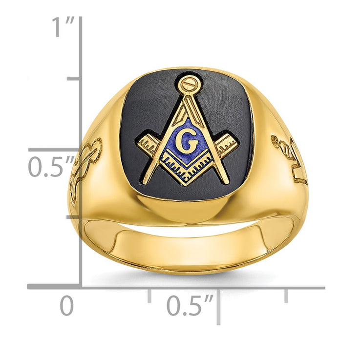 Shop Exclusive 14K Gold Men's Masonic Ring - Polished Grooved, Onyx Emblem, Stylish Design-8