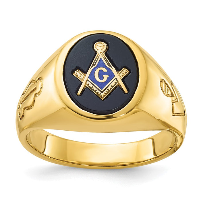 Exclusive 10K Men's Masonic Ring with Oval Blue Onyx - Stylish Grooved Design-1