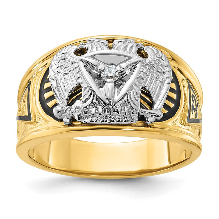 Exclusive 10K Two-Tone Men's Ring with Black Enamel & Diamond - Stylish Masonic Design-1