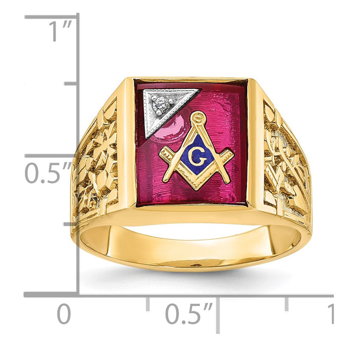 Exclusive 14K Gold Men's Masonic Ring - Stylish Two-Tone with Ruby & Diamond-7