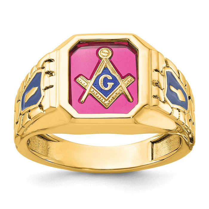 High-Quality 14K Gold Masonic Ring with Lab-Created Ruby - Stylish Value!-1