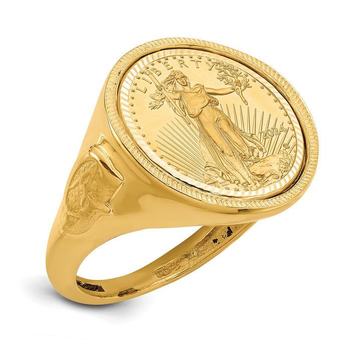 Exclusive Men's 14K Gold Wideband Ring - Polished Finish, Masonic Design, 1/10oz Coin-1