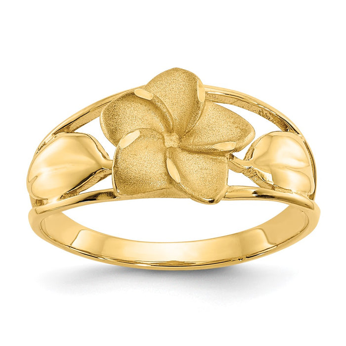 Shop 14K Gold Satin Finish Plumeria Ring with Diamond-Cut Accents, Stylish!-1