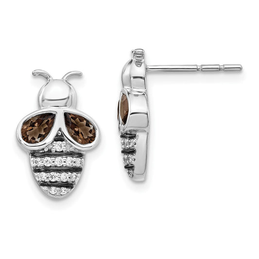 High-Quality 14K White Gold Bee Earrings with Diamonds & Smoky Quartz - Stylish Value