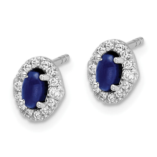 Exclusive 14K White Gold Oval Created Sapphire Halo Earrings - 1/6 Carat Diamond Value