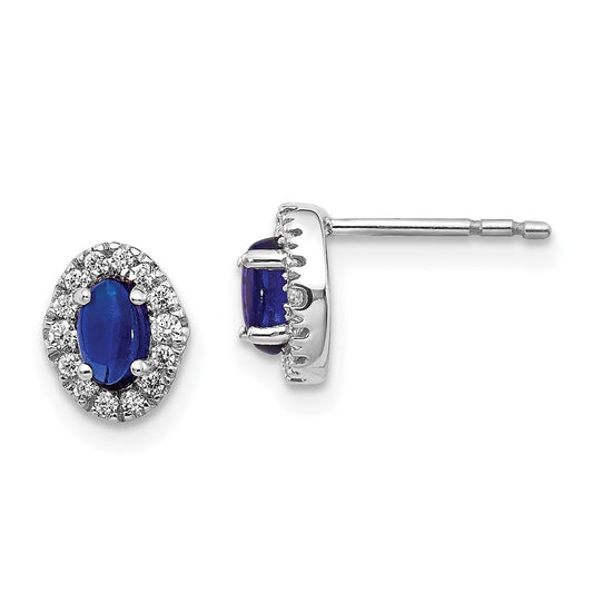 Exclusive 14K White Gold Oval Created Sapphire Halo Earrings - 1/6 Carat Diamond Value