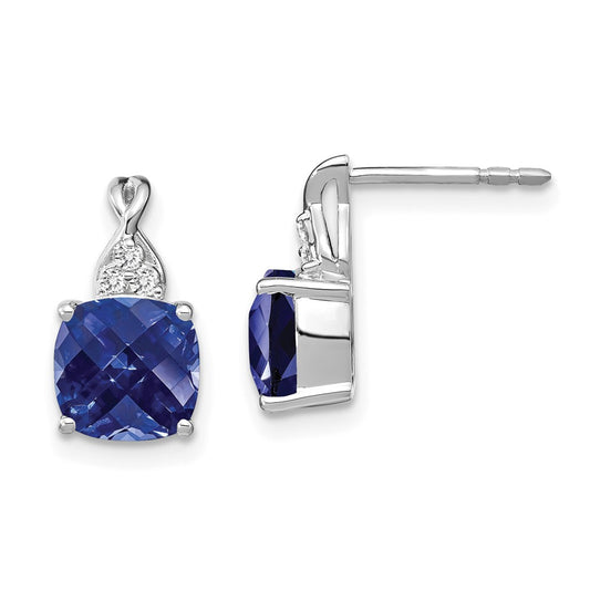Exclusive 14K White Gold Checkerboard Design Earrings with Sapphire & Diamonds