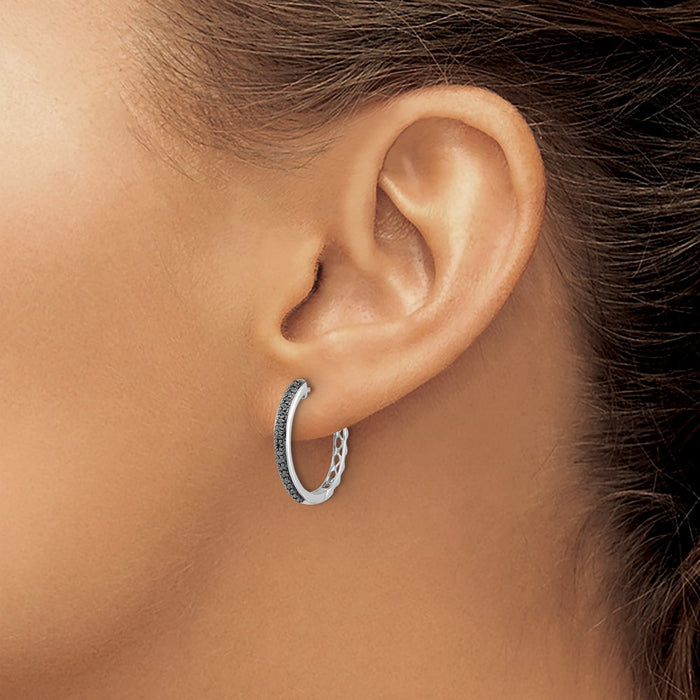 Exclusive 14K White Gold 2mm Hinged Hoop Earrings with Black Diamonds - Stylish Luxury-3