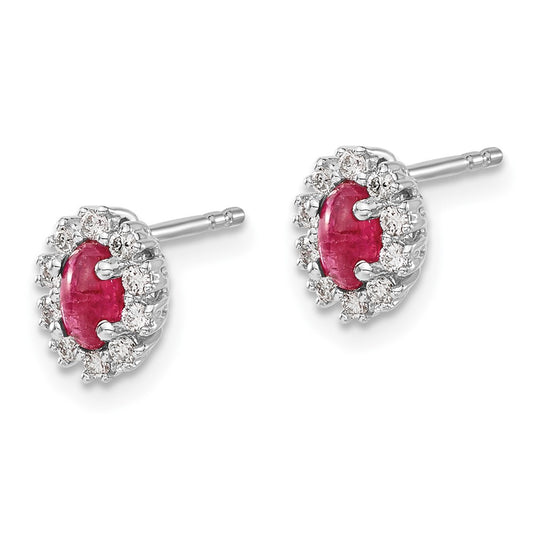 Exclusive 14K White Gold Oval Created Ruby Halo Earrings with 1/5 Carat Diamonds