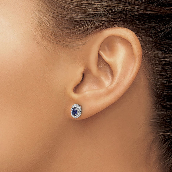Shop Exclusive 10K White Gold Oval Halo Earrings with Diamonds & Sapphires-3