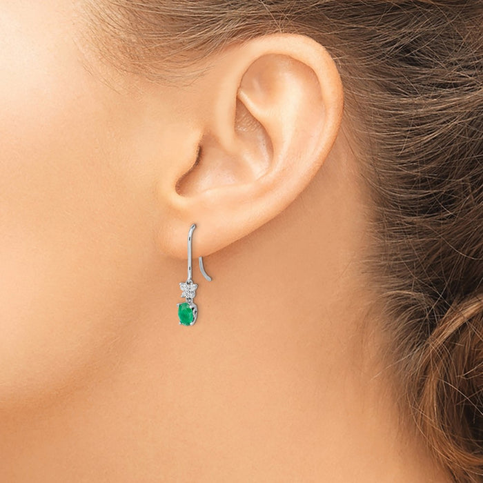High-Quality 14K White Gold Oval Emerald & 1/8ct Diamond Dangle Earrings - Stylish Value-3