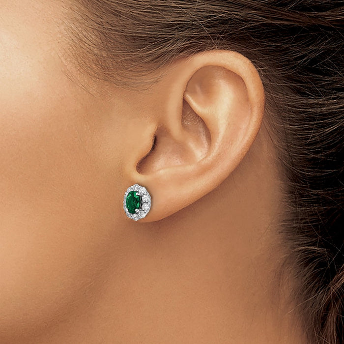 Shop Exclusive 14K White Gold Oval Created Emerald Halo Earrings - 1.2ct Lab Grown Diamonds-3