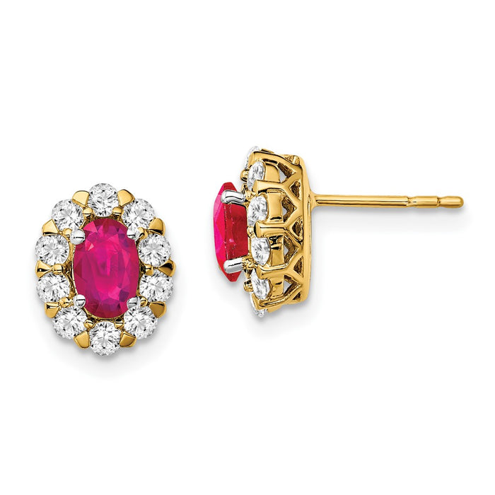 High-Quality 14K Gold Oval Ruby & Diamond Halo Stud Earrings - Stylish Value!-1