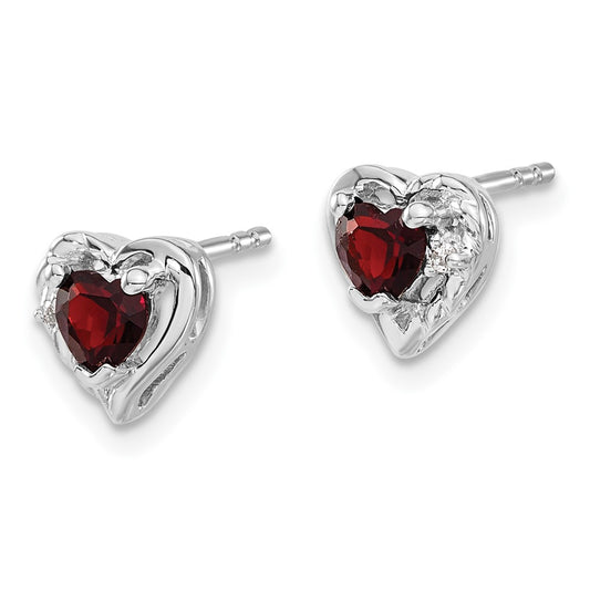 High-Quality 14K White Gold Heart Earrings with Garnet & Diamond Accents