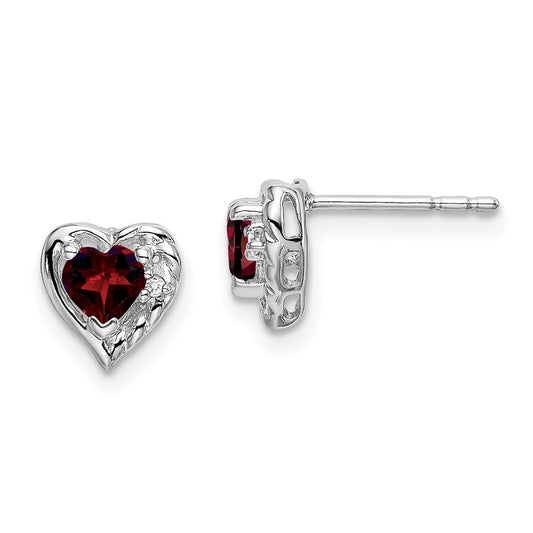 High-Quality 14K White Gold Heart Earrings with Garnet & Diamond Accents