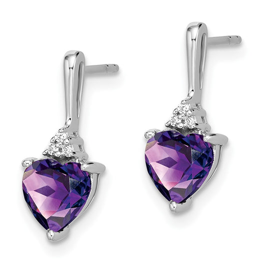 High-Quality 10K White Gold Heart Earrings with Amethyst & Diamond - Stylish!