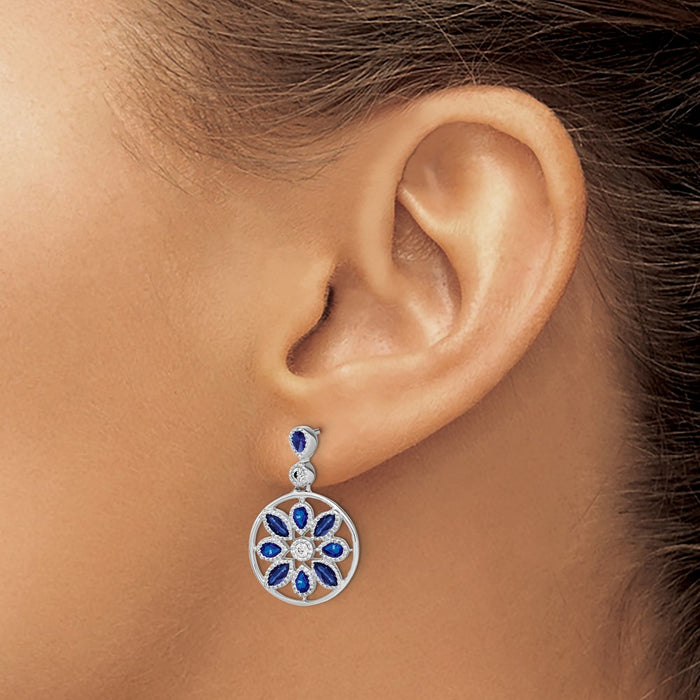 Exclusive 14K White Gold Floral Dangle Earrings with Sapphire & Diamonds - Stylish Value!-3