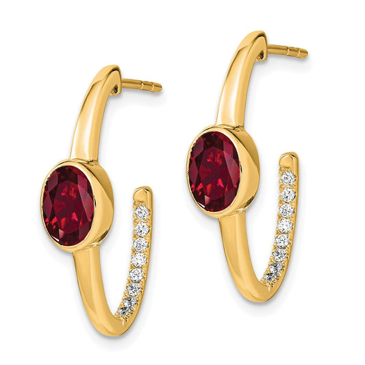 Exclusive 14K Gold Oval Created Ruby & Diamond J-Hoop Earrings - Stylish Value!