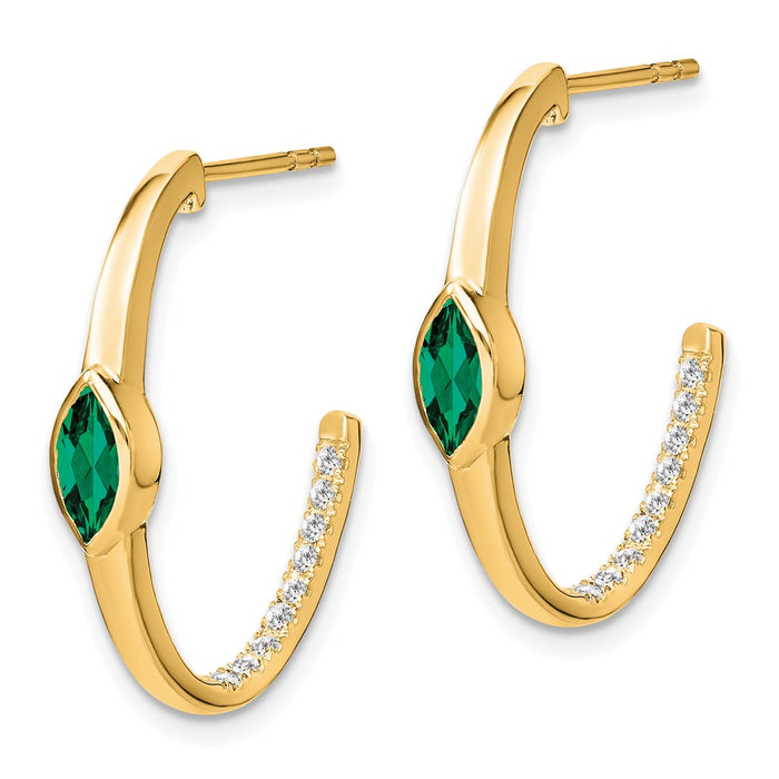 High-Quality 14K Gold Marquise Created Emerald & Diamond J-Hoop Earrings - Stylish Value-2