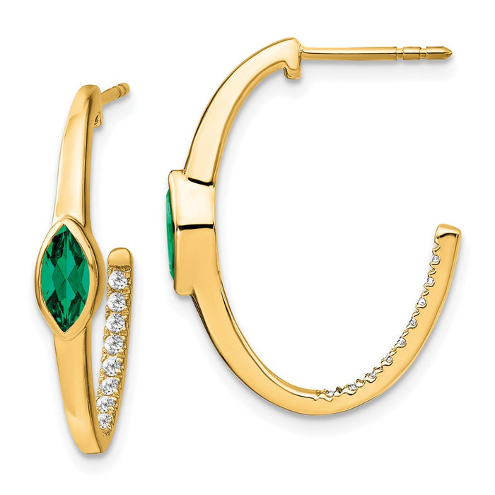 High-Quality 14K Gold Marquise Created Emerald & Diamond J-Hoop Earrings - Stylish Value-1