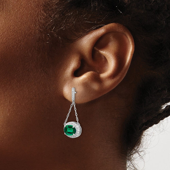 Buy Stylish 14K White Gold Oval Created Emerald & Diamond Drop Earrings-3