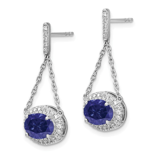 Exclusive 14K White Gold Drop Earrings with Oval Created Sapphire & Diamonds