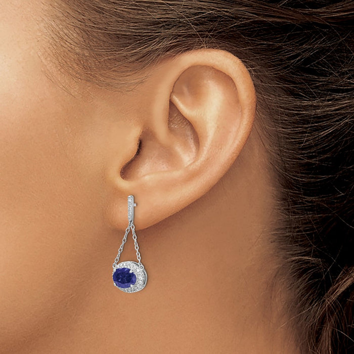 Exclusive 14K White Gold Drop Earrings with Oval Created Sapphire & Diamonds-3