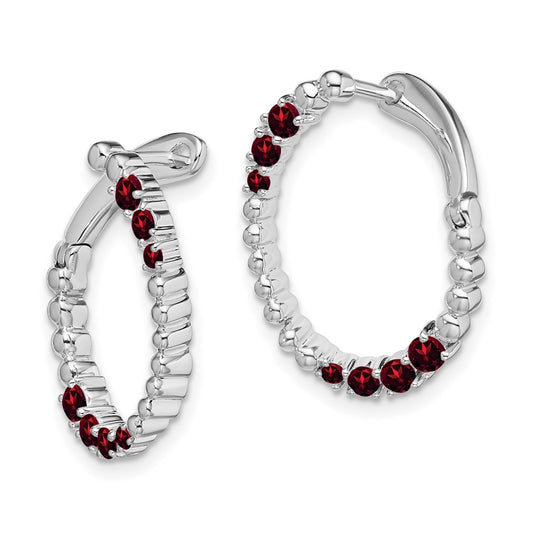 High-Quality 14K White Gold Oval Hoop Earrings with Garnet Accents - Stylish Value