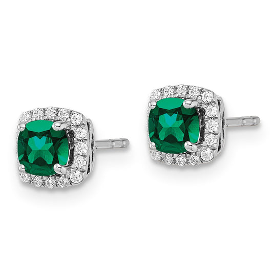 Shop Stylish 14k White Gold Square Halo Earrings with 1/10 Carat Diamond & Emerald