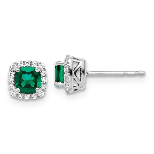 Shop Stylish 14k White Gold Square Halo Earrings with 1/10 Carat Diamond & Emerald