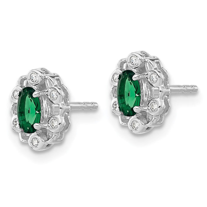 Shop Stylish 14K White Gold Oval Created Emerald Halo Earrings - 1/20 Carat Diamond-2