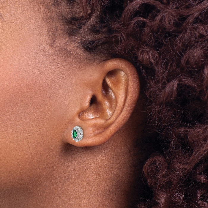 Shop Stylish 14K White Gold Oval Created Emerald Halo Earrings - 1/20 Carat Diamond-3