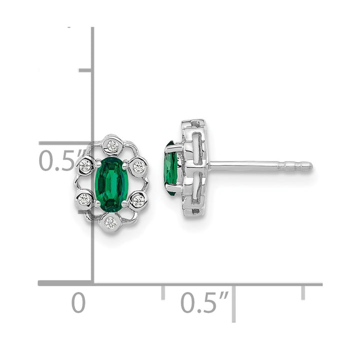 Shop Stylish 14K White Gold Oval Created Emerald Halo Earrings - 1/20 Carat Diamond-4