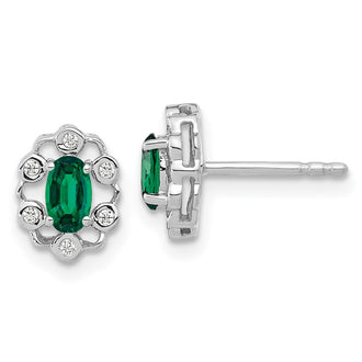 Shop Stylish 14K White Gold Oval Created Emerald Halo Earrings - 1/20 Carat Diamond