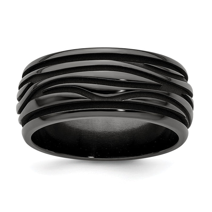 Buy Stylish Edward Mirell 10mm Grooved Wave Band in Polished Black Titanium-1