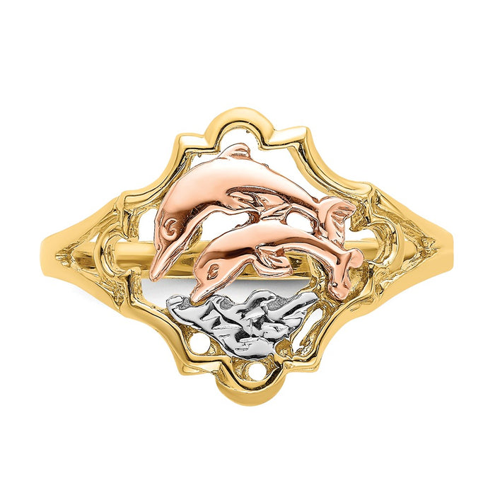 Buy Stylish 14K Yellow & Rose Gold Double Dolphin Ring - Exclusive Rhodium Finish-5