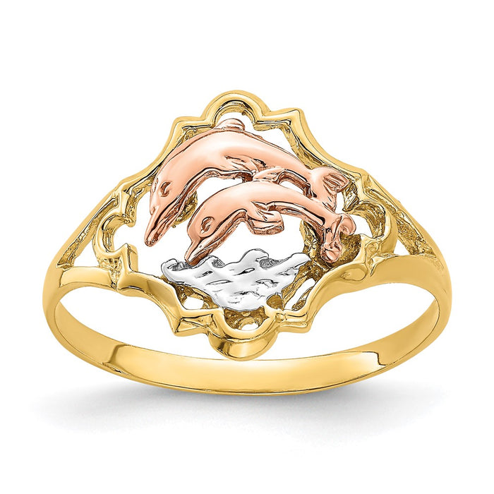 Buy Stylish 14K Yellow & Rose Gold Double Dolphin Ring - Exclusive Rhodium Finish-1