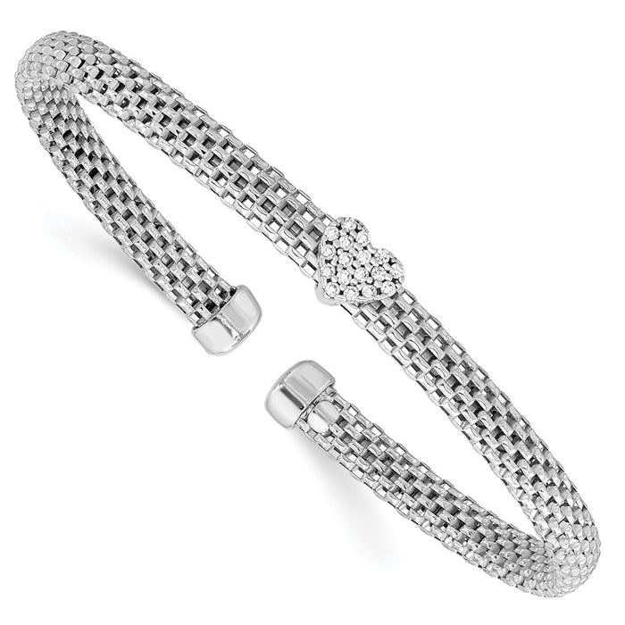 Shop Stylish Rhodium-Plated Sterling Silver Heart Cuff Bracelet - CZ Charm-1
